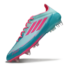 Botas de fútbol Adidas F50 Elite SG con tacos mixtos azul claro y rosa Messi