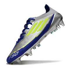 Scarpa da calcio Adidas F50 Elite SG con tacchetti misti argento e blu Messi