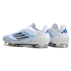 Scarpa da calcio Adidas F50 Elite Laceless bianca e blu per terreni compatti FG