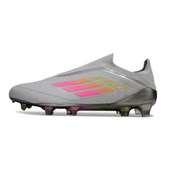 Botas de fútbol Adidas F50 Elite sin cordones, color gris, rosa y amarillo, para terreno firme (FG).
