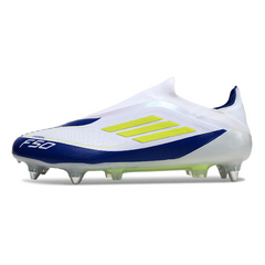 Scarpa da calcio per bambini Adidas F50 Elite SG senza lacci, bianca, blu e verde, con tacchetti misti