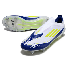 Scarpa da calcio per bambini Adidas F50 Elite SG senza lacci, bianca, blu e verde, con tacchetti misti