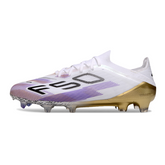Botas de fútbol Adidas F50 Primeknit Elite FG para terreno firme, color blanco, morado y dorado