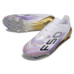 Botas de fútbol Adidas F50 Primeknit Elite FG para terreno firme, color blanco, morado y dorado