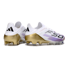 Botas de fútbol Adidas F50 Primeknit Elite FG para terreno firme, color blanco, morado y dorado