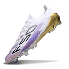 Botas de fútbol Adidas F50 Primeknit Elite FG para terreno firme, color blanco, morado y dorado