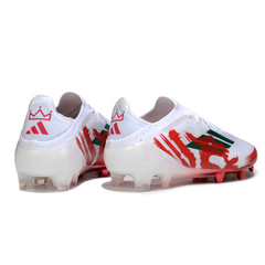 Bota de fútbol Adidas F50 Primeknit Elite blanca y roja para terreno firme (FG).