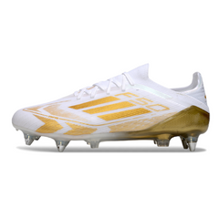 Scarpa da calcio Adidas F50 Primeknit Elite SG con tacchetti misti bianchi e dorati