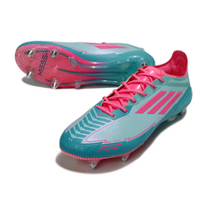 Bota de fútbol Adidas F50 Elite SG con tacos mixtos en azul claro y rosa