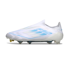 Scarpa da calcio Adidas F50 Elite Laceless bianca e azzurra per terreni compatti FG