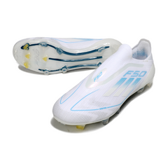 Scarpa da calcio Adidas F50 Elite Laceless bianca e azzurra per terreni compatti FG