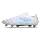 Scarpa da calcio Adidas F50 Elite SG senza lacci, bianca e azzurra, con tacchetti misti