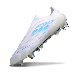 Botas de fútbol Adidas F50 Elite sin cordones, tacos mixtos blancos y azul claro SG