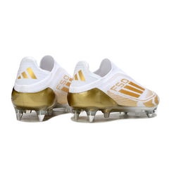 Bota de fútbol Adidas F50 Elite sin cordones, tacos mixtos blancos y dorados SG