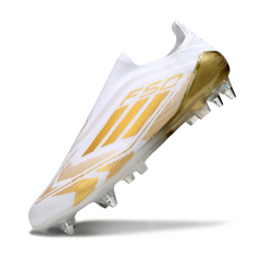 Bota de fútbol Adidas F50 Elite sin cordones, tacos mixtos blancos y dorados SG