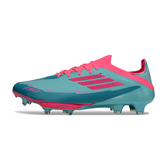 Botas de fútbol Adidas F50+ Elite FG para terreno firme, color azul claro y rosa
