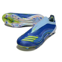 Botas de fútbol Adidas F50+ Elite sin cordones, color azul, paquete Messi, para terreno firme (FG).