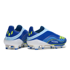 Botas de fútbol Adidas F50+ Elite sin cordones, color azul, paquete Messi, para terreno firme (FG).