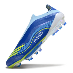 Botas de fútbol Adidas F50+ Elite sin cordones, color azul, paquete Messi, para terreno firme (FG).