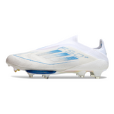 Scarpa da calcio Adidas F50+ Elite Laceless bianca e blu per terreni compatti FG