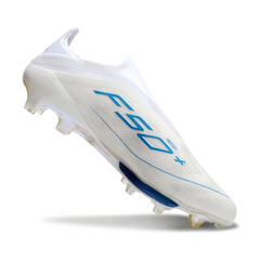 Scarpa da calcio Adidas F50+ Elite Laceless bianca e blu per terreni compatti FG