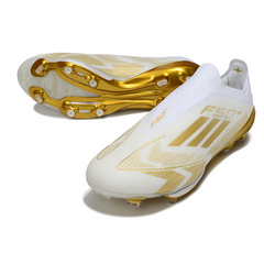 Botas de fútbol Adidas F50+ Elite sin cordones, blancas y doradas, para terreno firme FG