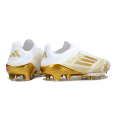 Botas de fútbol Adidas F50+ Elite sin cordones, blancas y doradas, para terreno firme FG