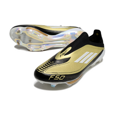 Scarpa da calcio Adidas F50+ Elite Laceless nera e gialla per terreni compatti FG