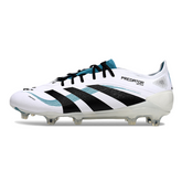 Botas de fútbol Adidas Predator 25 Elite blancas y azules para terreno firme (FG).