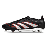 Botas de fútbol Adidas Predator 25 Elite negras, plateadas y rojas para terreno firme (FG).