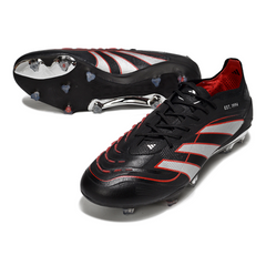 Botas de fútbol Adidas Predator 25 Elite negras, plateadas y rojas para terreno firme (FG).