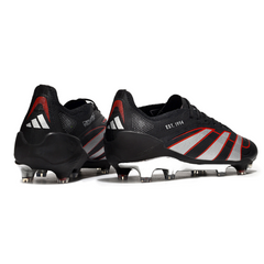 Botas de fútbol Adidas Predator 25 Elite negras, plateadas y rojas para terreno firme (FG).