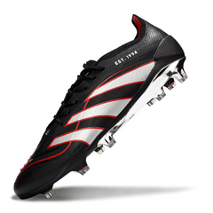 Botas de fútbol Adidas Predator 25 Elite negras, plateadas y rojas para terreno firme (FG).