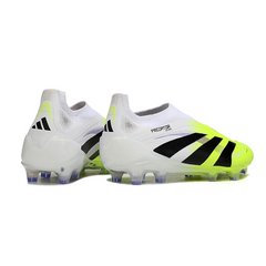Botas de fútbol Adidas Predator 25 Elite sin cordones, color blanco y verde claro, para terreno firme FG