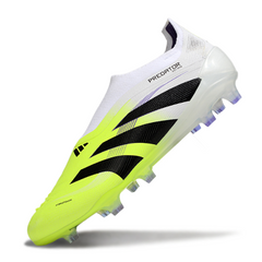 Botas de fútbol Adidas Predator 25 Elite sin cordones, color blanco y verde claro, para terreno firme FG