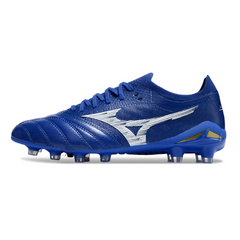 Scarpa da calcio Mizuno Morelia Neo IV Elite blu e bianca per terreni compatti FG