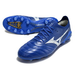 Scarpa da calcio Mizuno Morelia Neo IV Elite blu e bianca per terreni compatti FG