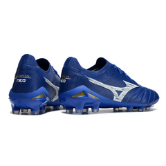 Scarpa da calcio Mizuno Morelia Neo IV Elite blu e bianca per terreni compatti FG