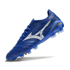 Scarpa da calcio Mizuno Morelia Neo IV Elite blu e bianca per terreni compatti FG