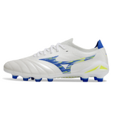Scarpa da calcio Mizuno Morelia Neo IV Elite bianca, blu e gialla per terreni compatti FG