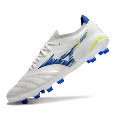 Scarpa da calcio Mizuno Morelia Neo IV Elite bianca, blu e gialla per terreni compatti FG