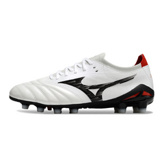 Botas de fútbol Mizuno Morelia Neo IV Elite FG para terreno firme, color blanco, negro y rojo