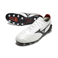 Botas de fútbol Mizuno Morelia Neo IV Elite FG para terreno firme, color blanco, negro y rojo