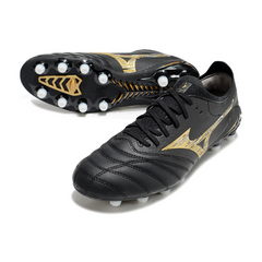 Botas de fútbol Mizuno Morelia Neo IV Elite FG para terreno firme, color negro y dorado