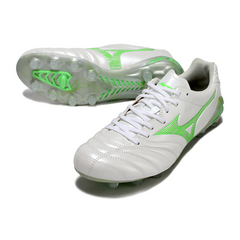 Botas de fútbol Mizuno Morelia Neo IV Pro FG para terreno firme, color blanco y verde