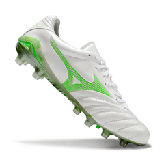 Botas de fútbol Mizuno Morelia Neo IV Pro FG para terreno firme, color blanco y verde