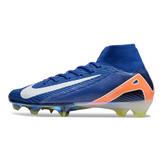 Botas de fútbol Nike Air Zoom Mercurial Superfly 10 Elite azules, blancas y naranjas para terreno firme (FG).