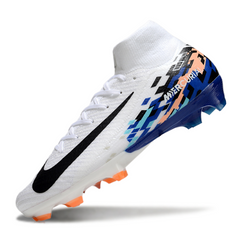 Scarpa da calcio Nike Air Zoom Mercurial Superfly 10 Elite bianca, blu e nera per terreni compatti FG