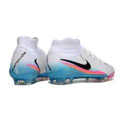 Bota de fútbol Nike Phantom Luna 2 Elite DF blanca, azul claro y rosa para terreno firme (FG).