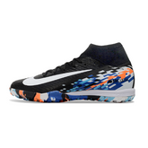 Botas de fútbol Nike Zoom Mercurial Superfly 10 Elite Turf TF para niños, negras, blancas y azules.